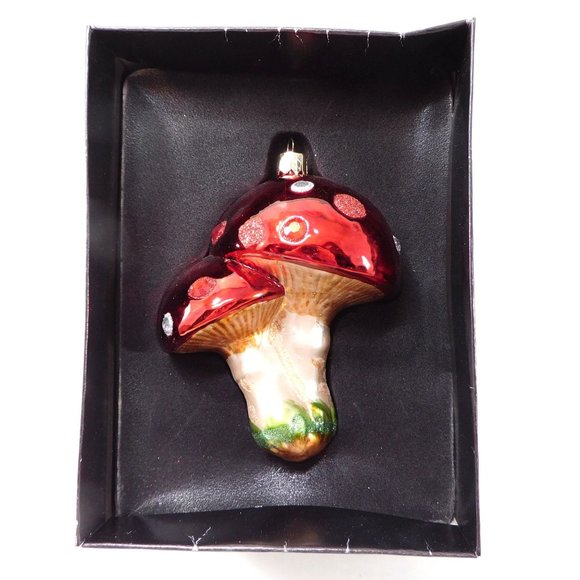 Double Mushroom Christmas Ornament Blown Glass  by Shavel  4" - Picture 5 of 10